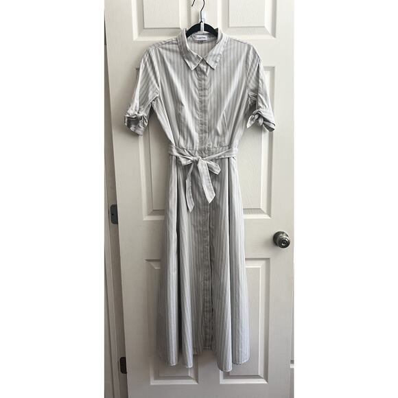 CALVIN KLEIN Gray Striped Button Front Tie Waist Shirt Maxi Dress - Picture 2 of 14
